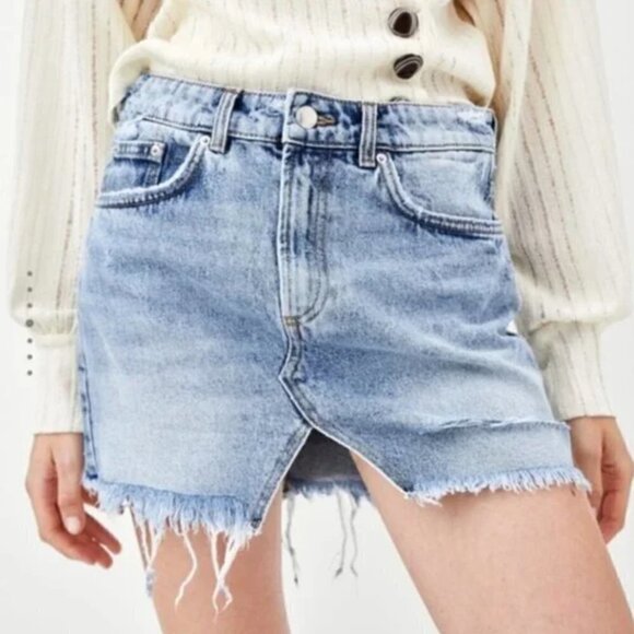 Zara Trafaluc Cut Off Denim Mini Skirt Acid Wash - Picture 1 of 14